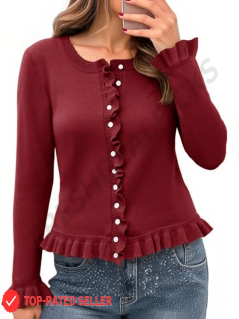 Womens Cropped Ruffle Button Down Cardigan Long Sleeve Knit Sweater